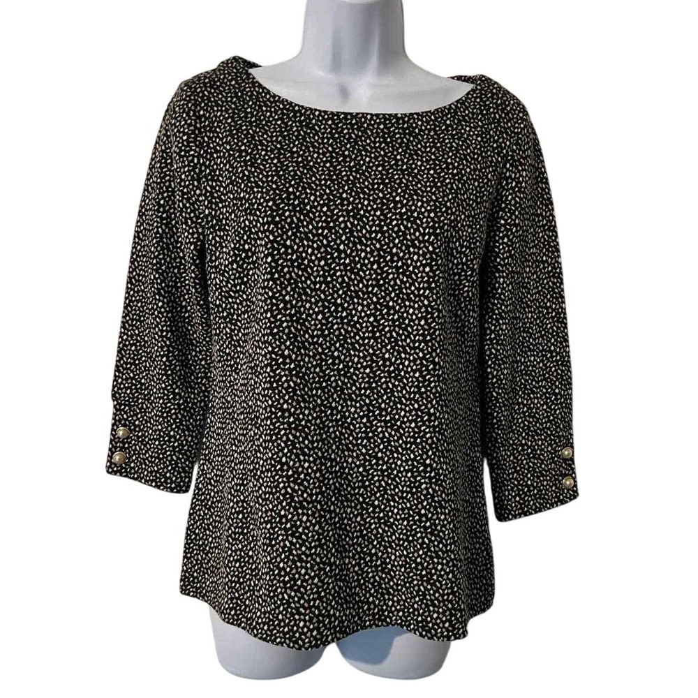 Talbots Petite SP Black Floral Print 3/4 Sleeve Top Gold Button Quiet Luxury